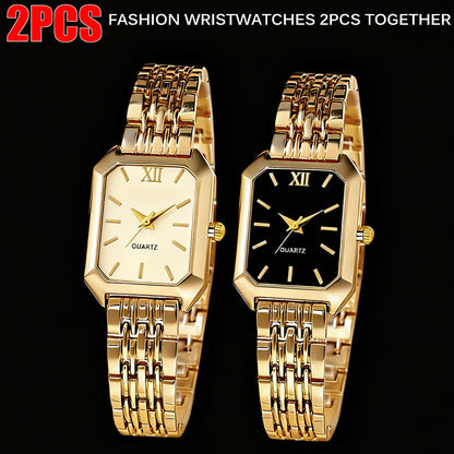Women's Elegant Golden Tone Watch Set of 2 Stainless Steel Quartz Analog Wristwatch Rectangular Dial Round Case for Casual Dressy Special Occasions Gift for Her