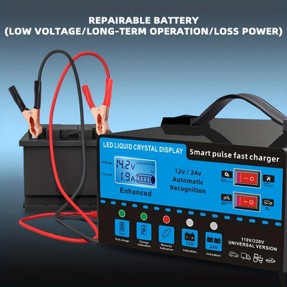 12V 24V Smart Battery Charger with LCD Display – Intelligent Trickle Charging, Overcharge & Short Circuit Protection, Universal Fit for Car, Truck, Motorcycle, Yacht & RV Batteries, Automatic Battery Maintainer & Conditioner