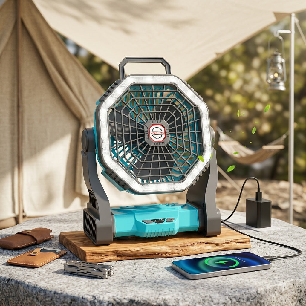 Rechargeable Portable Camping Fan with LED Light & Hanging Rope - 4-Speed USB Battery Powered Tent Fan for Outdoor Travel Indoor Home