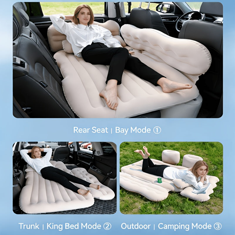 Car Inflatable Bed for SUV Sedan Soft Flocked Rear Seat Air Mattress Foldable Portable Sleeping Mat for Camping Road Trips Picnics – Includes Air Pump & Storage Bag, Black Grey Beige Pink
