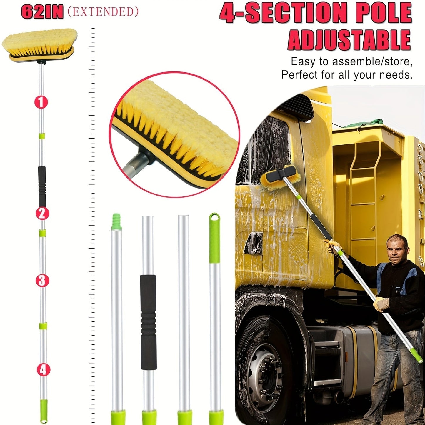 69 Inch Car Wash Brush with Long Handle 8-Piece Car Wash Kit – Tire Brush Window Squeegee Chenille Microfiber Mitt Detailing Brushes for Car Truck SUV RV – Extendable Car Cleaning Supplies