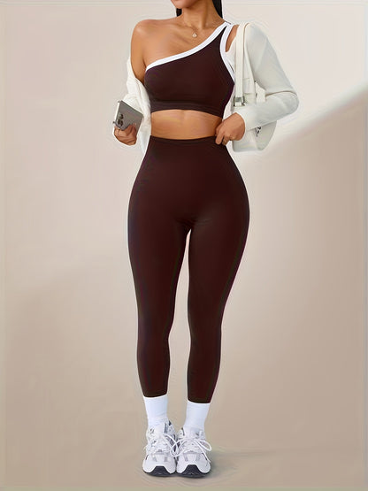 Women's 2-Piece High-Waisted Butt-Lifting Leggings & Sports Bra Set – 90% Polyamide Stretchy Minimalist Yoga Running Workout Outfit with Camisole Top, Solid Color, S-XL
