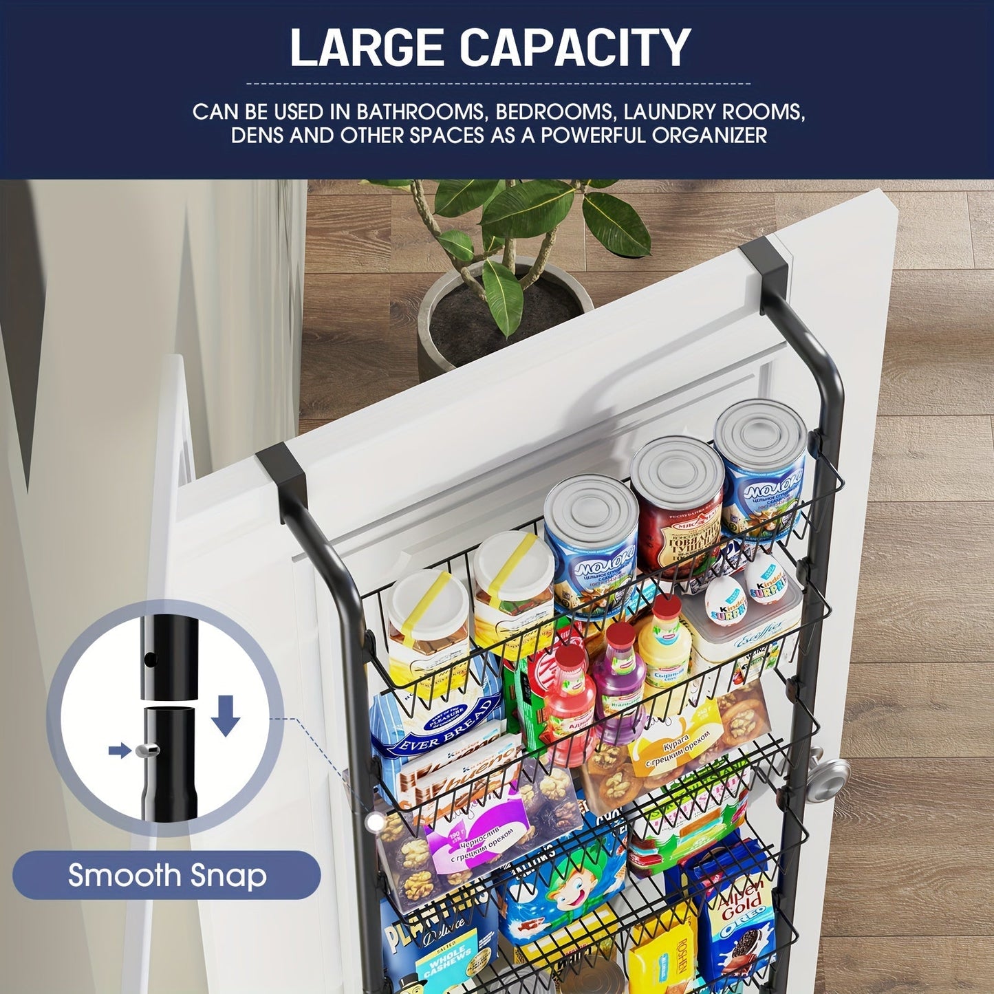Over the Door Pantry Organizer 6 or 8 Shelf - Heavy-Duty Metal Hanging Storage Rack for Kitchen, Bathroom & Laundry Room, Space-Saving Spice & Food Organizer, Black or White