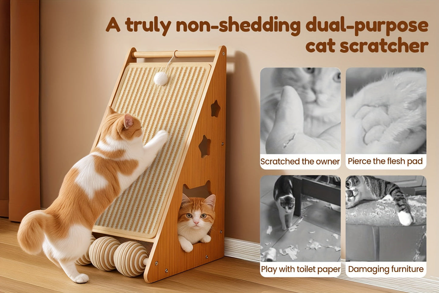 27 Inch Sisal Cat Scratching Board – Multi-Functional Wear-Resistant Cat Paw Pad Furniture Protector with 3 Teaser Balls, Easy Install, Indoor Cat Scratching Pad