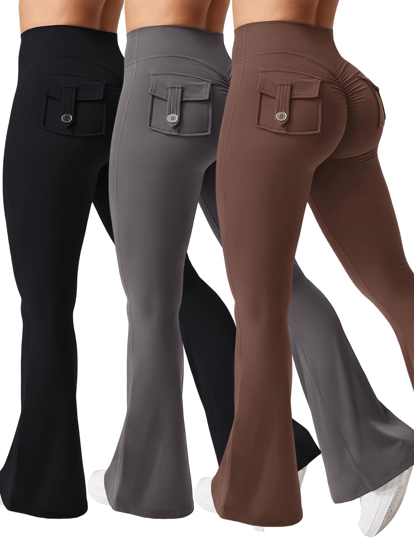 Women's 3-Piece High Waist Flare Yoga Pants Set with Belt and Pockets, Scrunch Butt Lifting Squat Proof 90% Polyester Stretchy Flared Leggings for Workout Gym Running Casual Wear