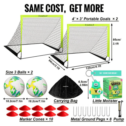 2-Pack Portable Pop-Up Soccer Goal Set – 4’x3’ Folding Soccer Nets for Youth & Adults, Includes 2 Balls, Pump & Carrying Bag, 450D Oxford Fabric, Indoor Outdoor Backyard Soccer Goals (Green/Pink)