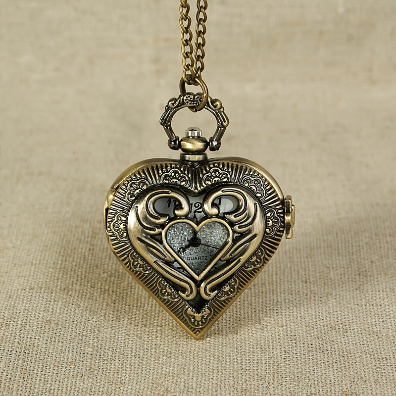 Silver Heart-Shaped Hollow Pendant Pocket Watch Necklace for Women - Elegant Quartz Locket Watch Stainless Steel Vintage Charm Jewelry, Perfect Mother's Day Valentine's & Birthday Gift