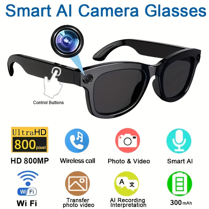 Smart Camera Glasses 8MP Ultra-Wide 1080P HD – AI Voice Control, Bluetooth 5.4, WiFi, Blue Light Blocking, 4H Playtime, Immersive Audio, Wearable Tech Glasses for Video, Music & Hands-Free Use