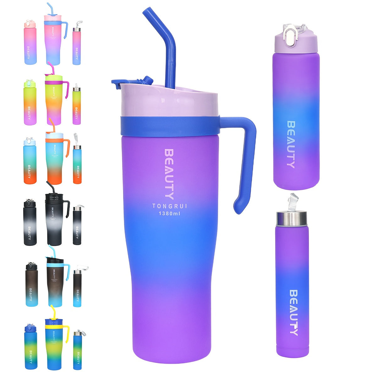 BPA-Free Gradient Water Bottles 5-Piece Set with Straw & Spill-Proof Lid - 46oz 27oz 9oz Leak-Proof Sports Bottles for Gym Travel Outdoor