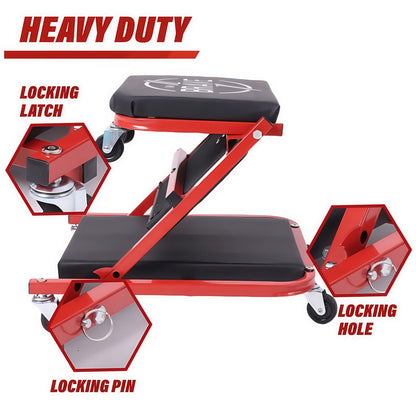 36 Inch Heavy Duty 3-in-1 Folding Mechanic Creeper with Adjustable Z-Seat - 6 Lockable Swivel Casters, 350-650 Lb Capacity, Vinyl Padded Seat & Headrest, Professional Automotive Repair Crawler