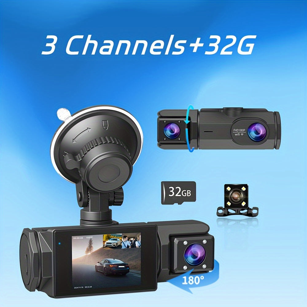 WiFi Dash Camera 2/3 Lens 170° Wide Angle Night Vision Loop Recording G-Sensor 2.0" IPS Screen with 32GB Memory Card - Front Rear Car Camera