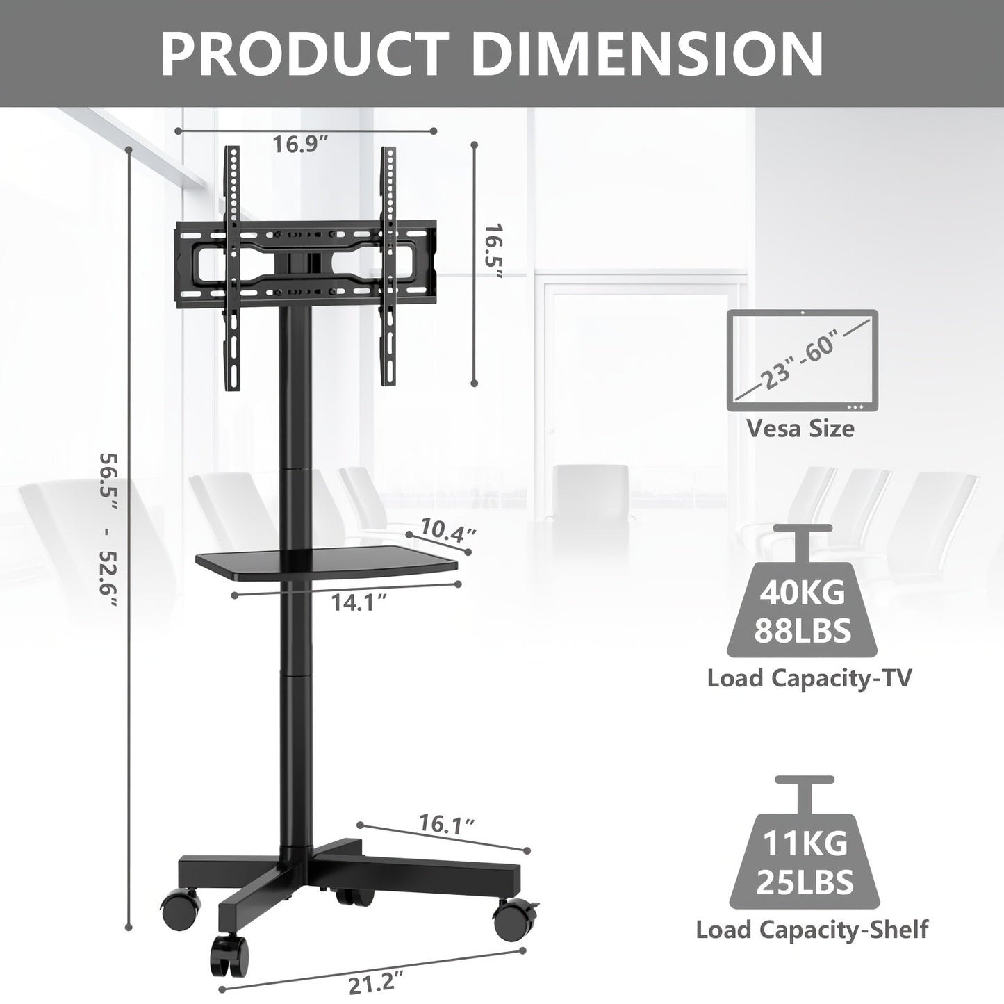 Rolling TV Stand Cart on Wheels for 23–60 Inch TVs – Height Adjustable, 88lb Capacity, VESA 400x400, Media Shelf, 360° Locking Wheels, No Wall Drilling, Mobile TV Mount