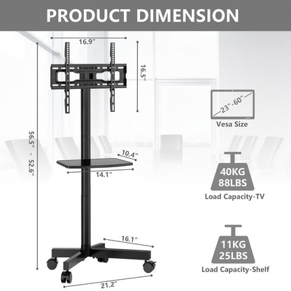 Rolling TV Stand Cart on Wheels for 23–60 Inch TVs – Height Adjustable, 88lb Capacity, VESA 400x400, Media Shelf, 360° Locking Wheels, No Wall Drilling, Mobile TV Mount