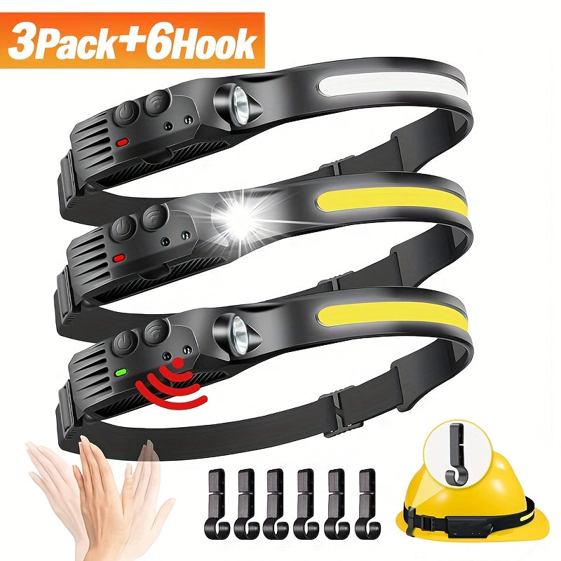 3 Pack Rechargeable COB LED Headlamp 230° Wide Beam Motion Sensor 5 Modes with 6 Hooks – Bright Headband Flashlight for Camping Hiking Work Hard Hat Forehead Head Light for Adults (Single/Dual/Triple Strip)