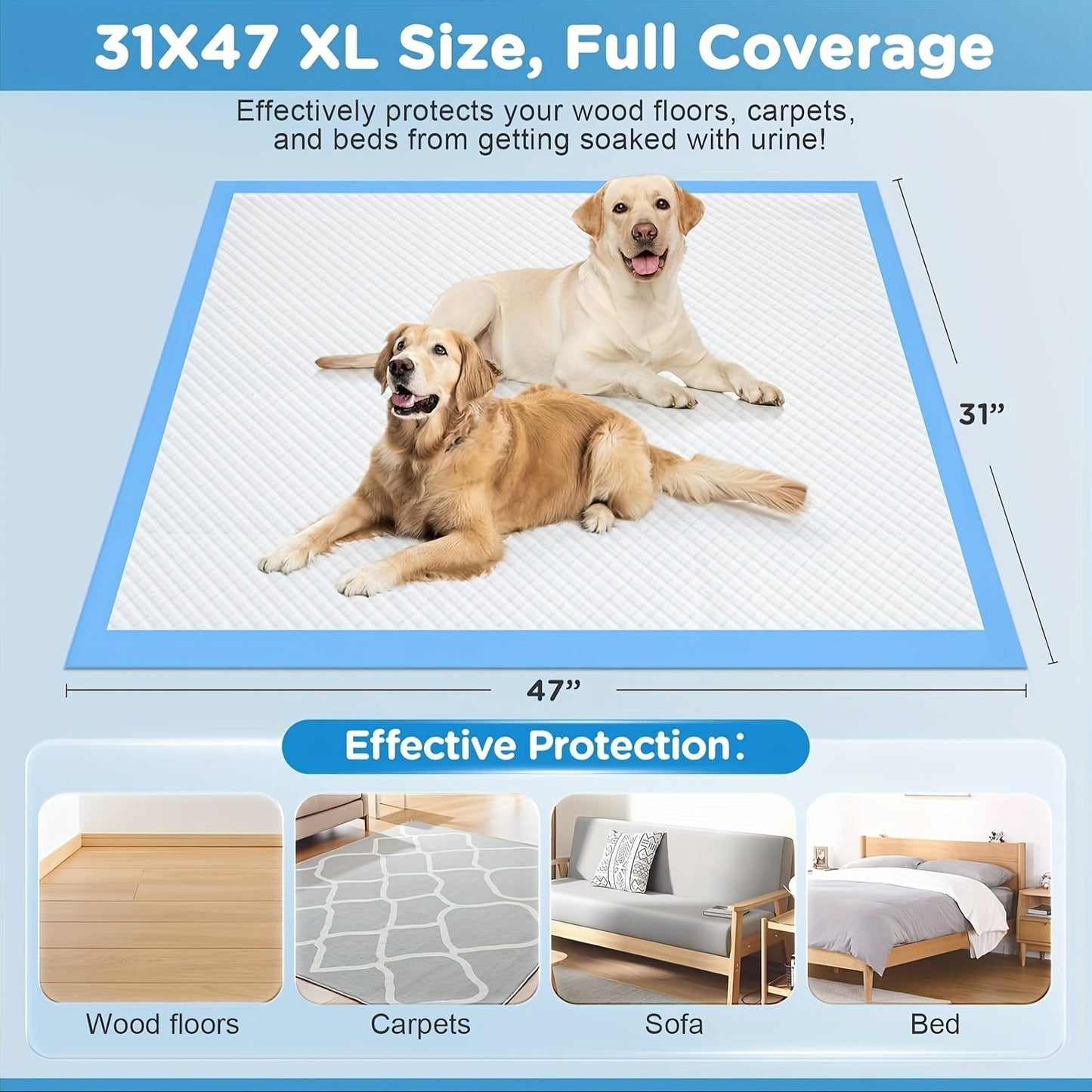 XXXL Dog Pee Pads Extra Large 8-Layer Super Absorbent Leak-Proof – Disposable Puppy Potty Pads for Cars Cages Sofas, Multiple Sizes 31x47 32x36 57x31 Inches