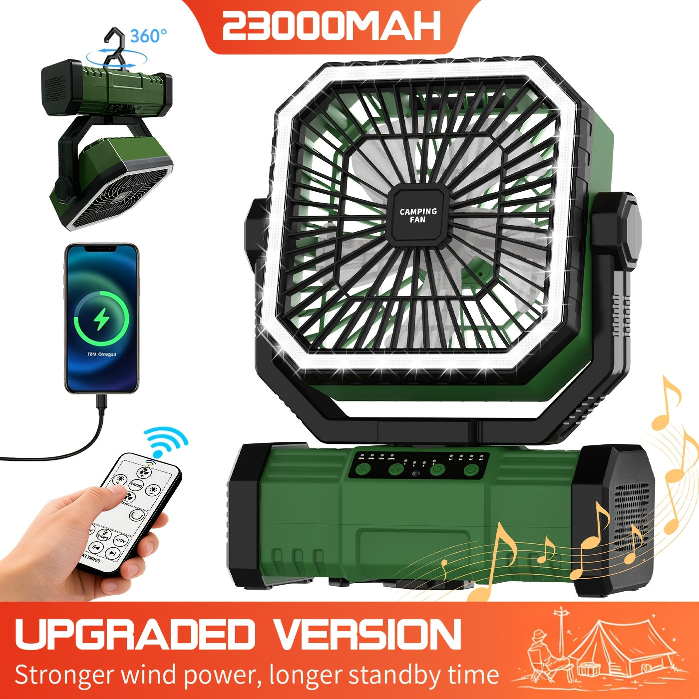 20000mAh Portable Camping Fan with Remote Control, LED Lights, 4 Speeds & 360° Rotation – Rechargeable Battery Operated Oscillating Tent Fan for Outdoor Camping, RV & Travel