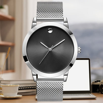 Men's Minimalist Stainless Steel Band Quartz Watch Slim Round Dial Casual Fashion Everyday Wear Gift for Him Silver Brown