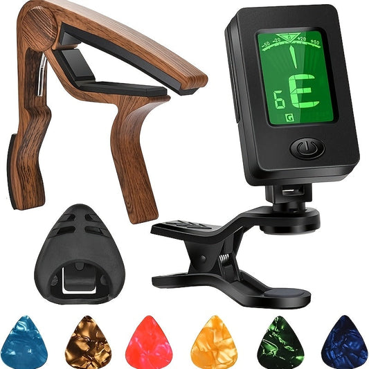 Guitar Clip-On Tuner & Capo Set with Picks 9pcs – Chromatic Multi-Mode Tuner for Acoustic, Electric, Bass, Violin & Ukulele, Spring-Loaded Capo, Rosewood Picks Included