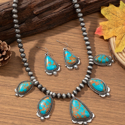 Vintage Boho Turquoise & Orange Beadwork Earrings Necklace Set Women Ethnic Zinc Alloy Jewelry for Everyday Holiday & Gift
