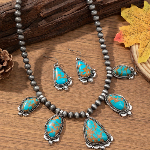 Vintage Boho Turquoise & Orange Beadwork Earrings Necklace Set Women Ethnic Zinc Alloy Jewelry for Everyday Holiday & Gift