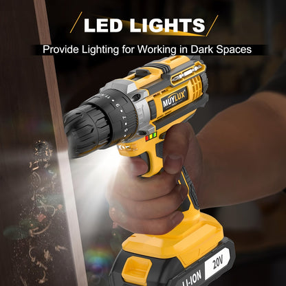 20V Cordless Drill Set with Battery & Fast Charger – Impact Power Drill, 45Nm Torque, 3/8" Keyless Chuck, 18+3 Clutch, 2-Speed, LED Work Light for Home & DIY