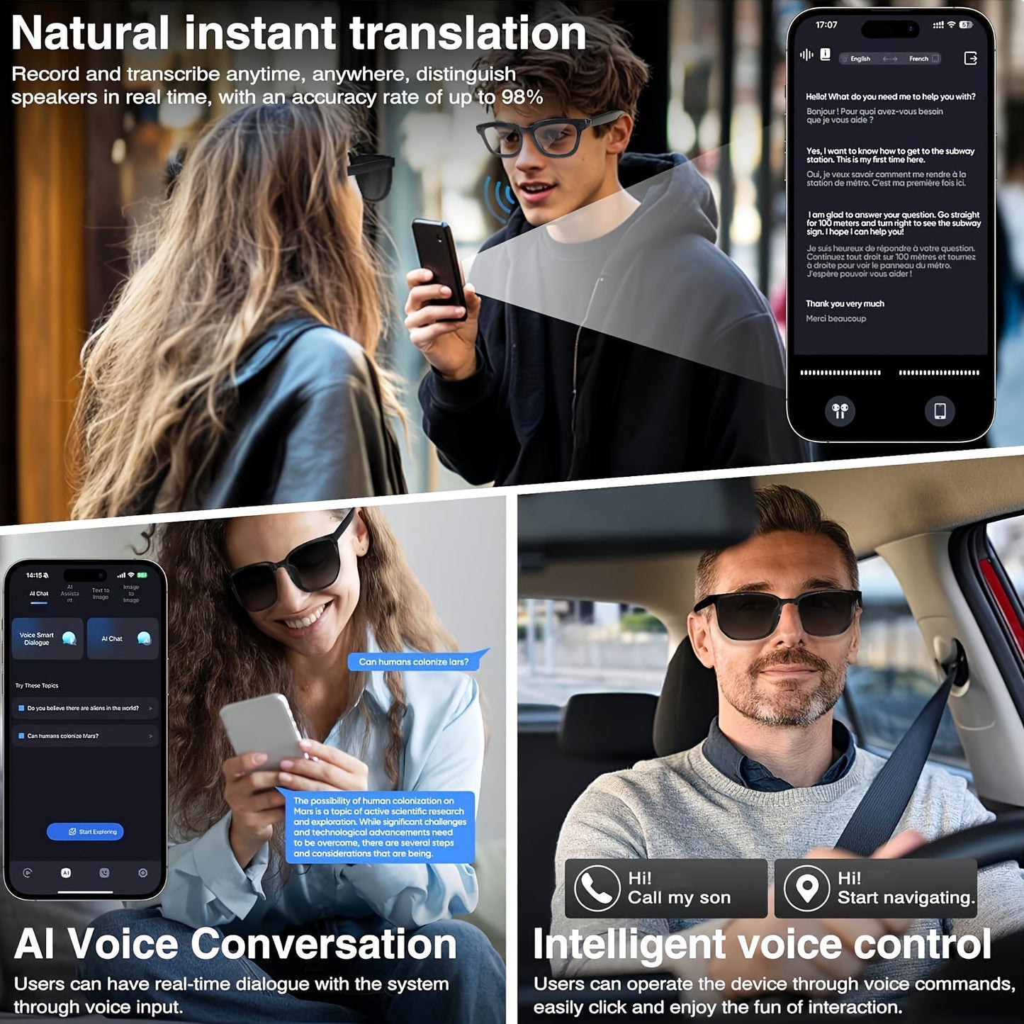 4K AI Smart Glasses with Camera – Real-Time Translation, Object Recognition, Open-Ear Audio, Touch Control, 8-Hour Battery, USB-C Charging, Ultra-Light for Outdoor, Work & Travel