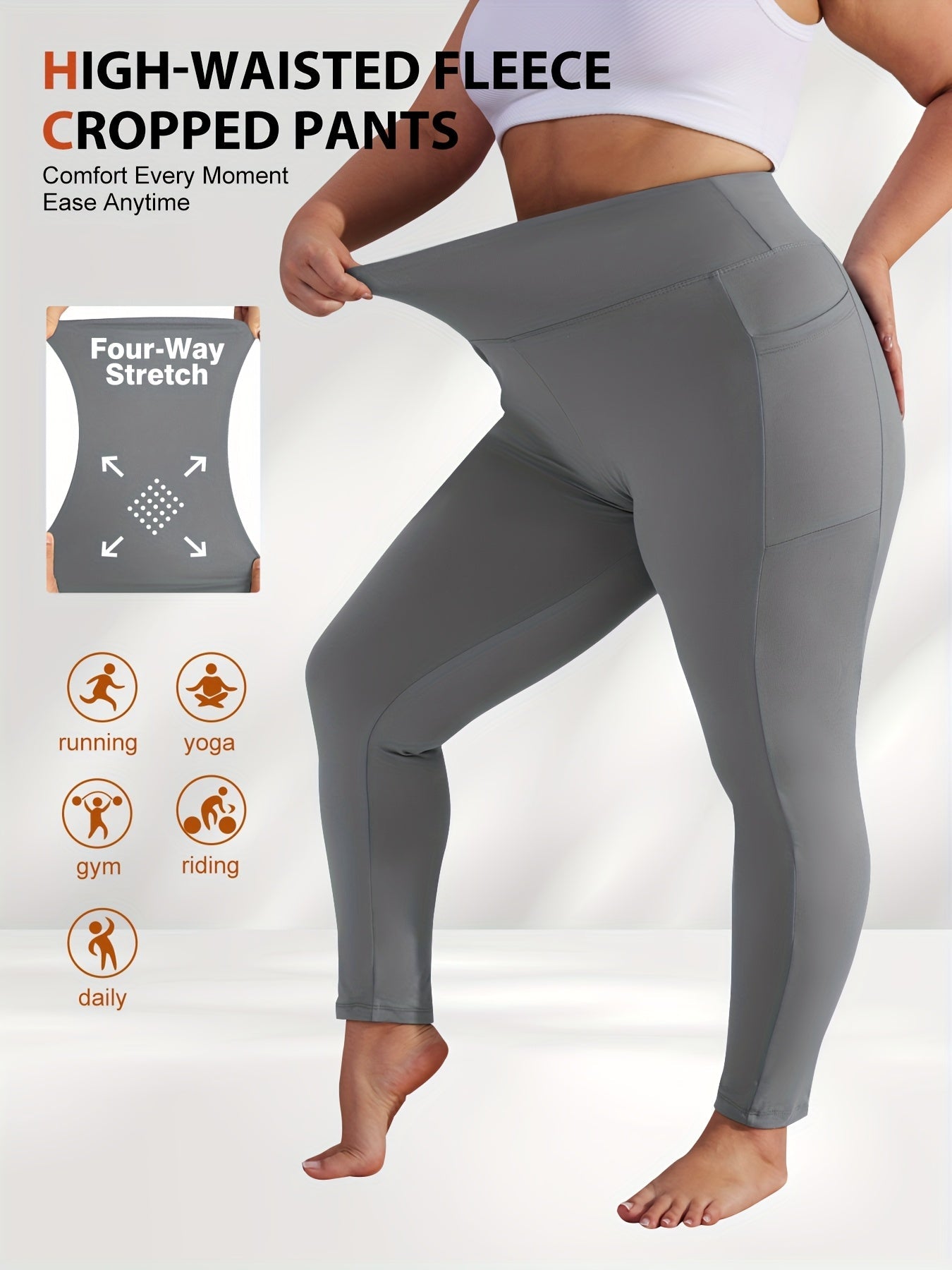 Women's Plus Size Yoga Pants with Pockets – High-Waist Fleece-Lined Warm Leggings for Fall & Winter, Tight-Fitting Elastic Sports Base Layer Pants, Sizes 1XL-5XL in Black, Gray, Burgundy & Navy