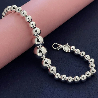 S925 Sterling Silver Beaded Bracelet Set for Women 3pcs – Handcrafted Stackable Round Bead Bracelets, Minimalist Daily Wear & Valentine’s Day Gift, Total Weight 15.68g