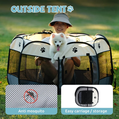 Foldable Octagonal Pet Playpen Tent for Dogs and Cats - Oxford Fabric No Assembly Required, Indoor Outdoor Pet Enclosure Kennel Maternity Room, Available in M L XL, Blue & Beige