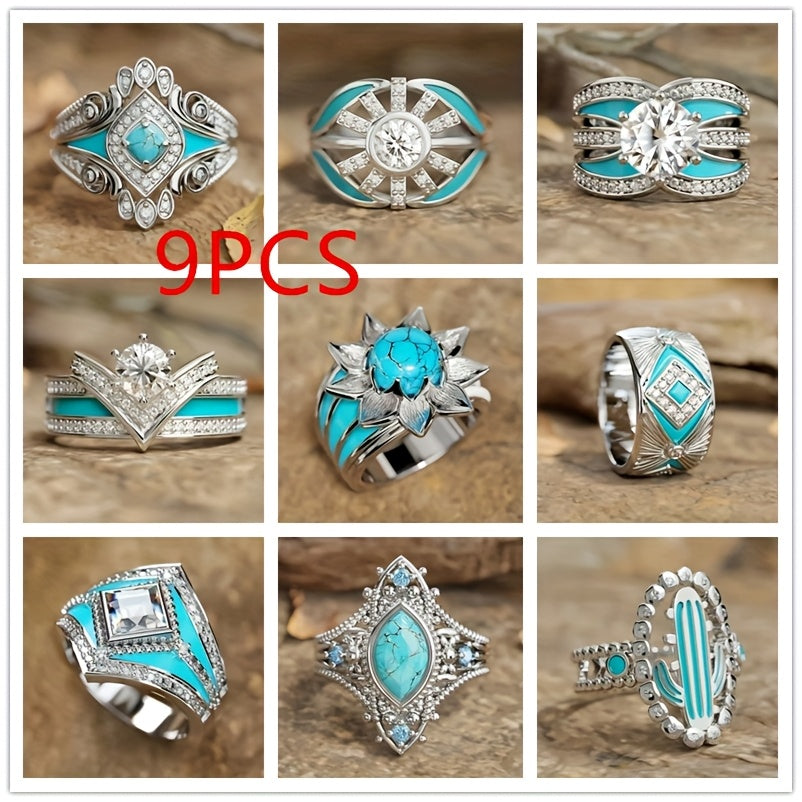 9pcs Bohemian Turquoise Stackable Ring Set for Women – Luxury Boho Multi-Element Gold Tone Synthetic Turquoise Rings, Fashion Jewelry for Daily Wear, Wedding, Engagement, Gift for Girlfriend & Lover, Sizes 6-11