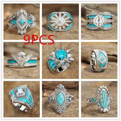 9pcs Bohemian Turquoise Stackable Ring Set for Women – Luxury Boho Multi-Element Gold Tone Synthetic Turquoise Rings, Fashion Jewelry for Daily Wear, Wedding, Engagement, Gift for Girlfriend & Lover, Sizes 6-11