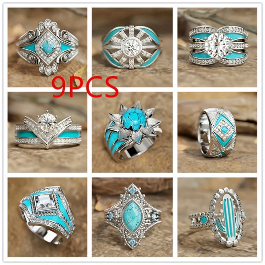 9pcs Bohemian Turquoise Stackable Ring Set for Women – Luxury Boho Multi-Element Gold Tone Synthetic Turquoise Rings, Fashion Jewelry for Daily Wear, Wedding, Engagement, Gift for Girlfriend & Lover, Sizes 6-11