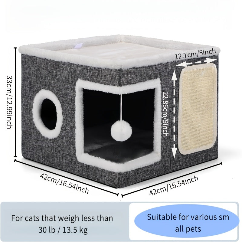 Foldable 2-Tier Cat House with Scratching Post, Plush Hanging Ball & Tunnel – Indoor Cat Cube Bed, Nylon Frame Canvas Construction, Space-Saving 16.5x16.5x13 Inch Design for Small Spaces