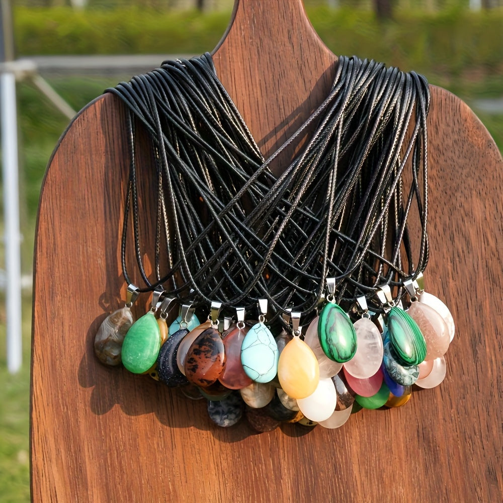 40pcs Natural Crystal Teardrop Pendant Necklace Set – Multi-Color Stone Pendants with Faux Leather Cord, Boho Elegant Jewelry Bulk Pack for Holiday Party DIY Crafts Gift