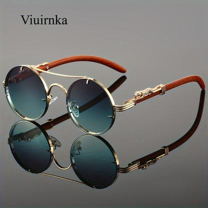 Round Metal Frame Gradient Sunglasses for Men & Women – Luxury Double Bridge, Leopard Detail Hinges, Gradient PC Lenses, Includes Case, Chic Vacation & Street Style Eyewear