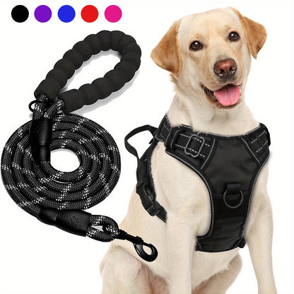 No Pull Dog Harness and Leash Set – Adjustable Reflective Oxford Vest Harness with 5-Foot Padded Handle Rope for Medium to Large Dogs, Quick-Release Buckles, Sizes S-XL, 5 Colors