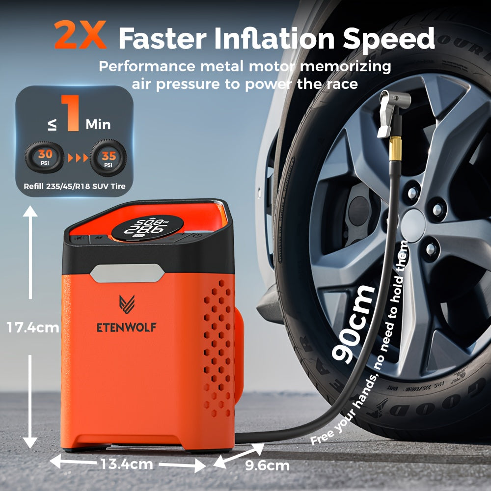 Portable Tire Inflator Air Compressor – 1-Min Fast Inflation, 100% Duty Cycle, USB Rechargeable, Digital Display, Heavy Duty for Car Tires, Bikes & Balls