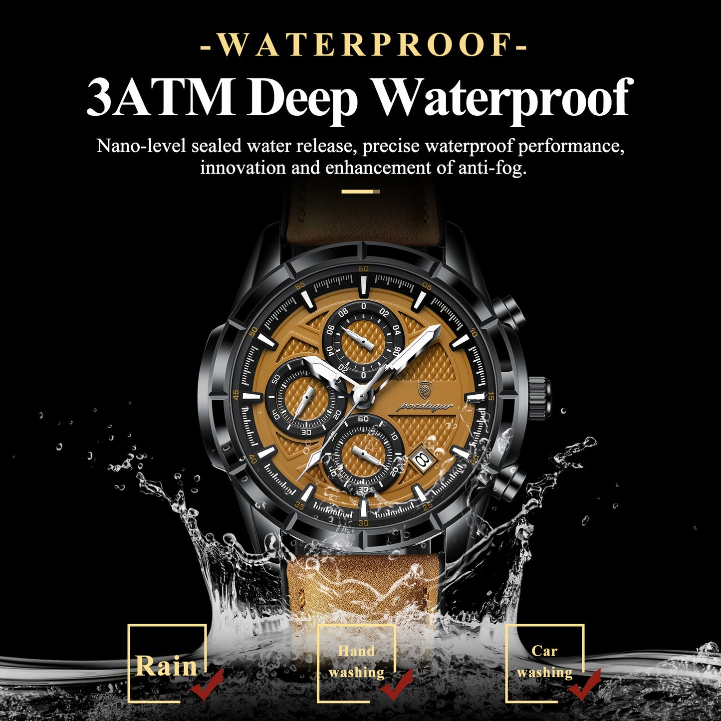 POEDAGAR Men's Waterproof Chronograph Quartz Watch Luminous Leather Strap – Calendar Date Sports Casual Wristwatch Gift for Men Black Brown Black
