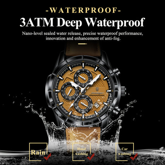 POEDAGAR Men's Waterproof Chronograph Quartz Watch Luminous Leather Strap – Calendar Date Sports Casual Wristwatch Gift for Men Black Brown Black
