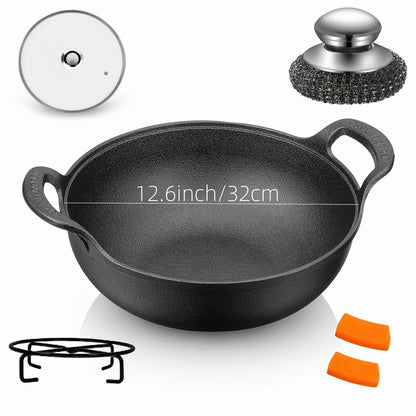 Cast Iron Cookware Set 6-Piece Non-Stick Skillet Dutch Oven Grill Pan Kit for Induction Gas Campfire BBQ Outdoor Cooking Kitchen