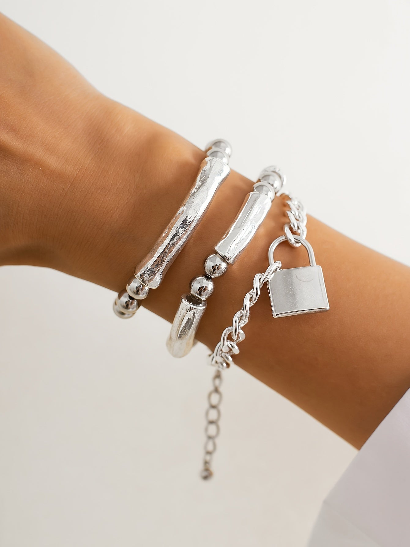 3pcs 925 Sterling Silver Beaded Punk Bracelet Set with Lock Pendant – Exquisite Stackable Edgy Silver Wrist Jewelry for Women Men Teens, Party Festival Daily Wear Gift