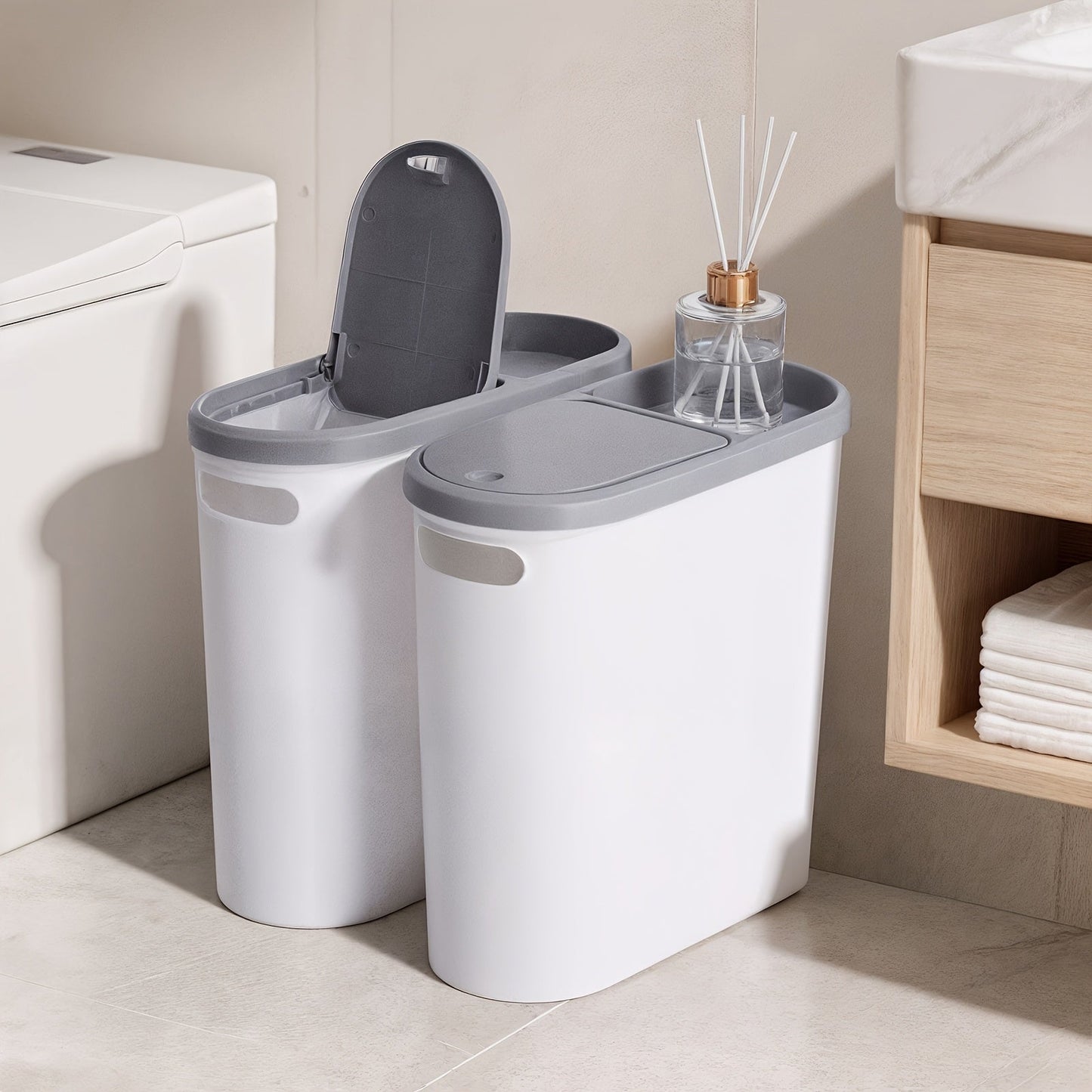 Small Bathroom Trash Can with Built-In Handles 2/1 Pack – Rustproof Plastic Wastebasket, Space-Saving Design for Bathroom, Laundry Room & Home Office, Includes Trash Bags