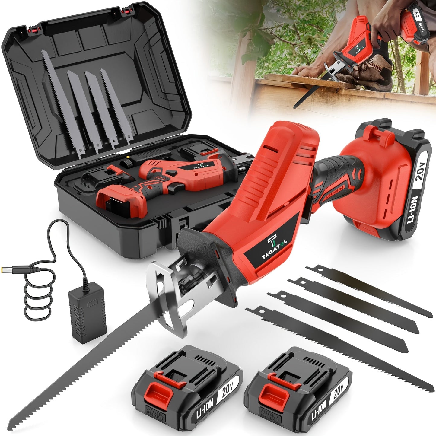 Cordless Reciprocating Saw with LED Light & Safety Lock | Electric Handsaw for Multi-Purpose Cutting, Replaceable Blades, Toolbox Included – 1 or 2 Battery Options, Yellow/Green/Red