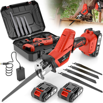 Cordless Reciprocating Saw with LED Light & Safety Lock | Electric Handsaw for Multi-Purpose Cutting, Replaceable Blades, Toolbox Included – 1 or 2 Battery Options, Yellow/Green/Red
