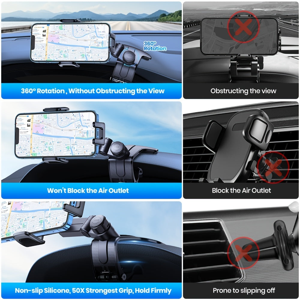 Car Dashboard Phone Mount 360 Degree Adjustable - Universal Cell Phone Holder with Anti-Slip Silicone Clip, Multi-Angle Stable Mounting for All Smartphones, Black