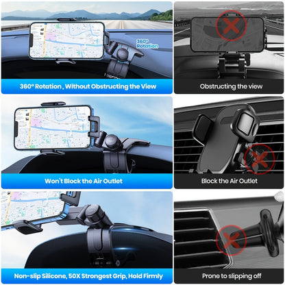Car Dashboard Phone Mount 360 Degree Adjustable - Universal Cell Phone Holder with Anti-Slip Silicone Clip, Multi-Angle Stable Mounting for All Smartphones, Black