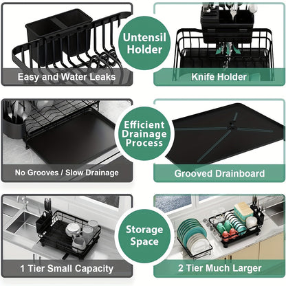 2-Tier Dish Drying Rack with Drainboard & Removable Utensil Holder – Large Capacity Dish Rack for Kitchen Counter, Sink-Side Drying Rack for Dishes, Cookware & Utensils – Space-Saving Design