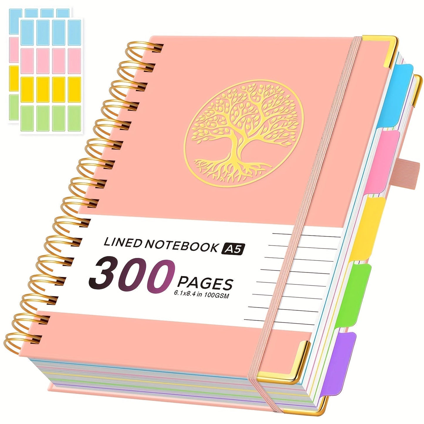 A5 Hardcover 5-Subject Spiral Notebook Journal – 300 College-Ruled Pages with Removable Divider Tabs & Pocket, 6.1" x 8.4" Lined Notebook for Work, School & Note Taking, Back to School Supplies