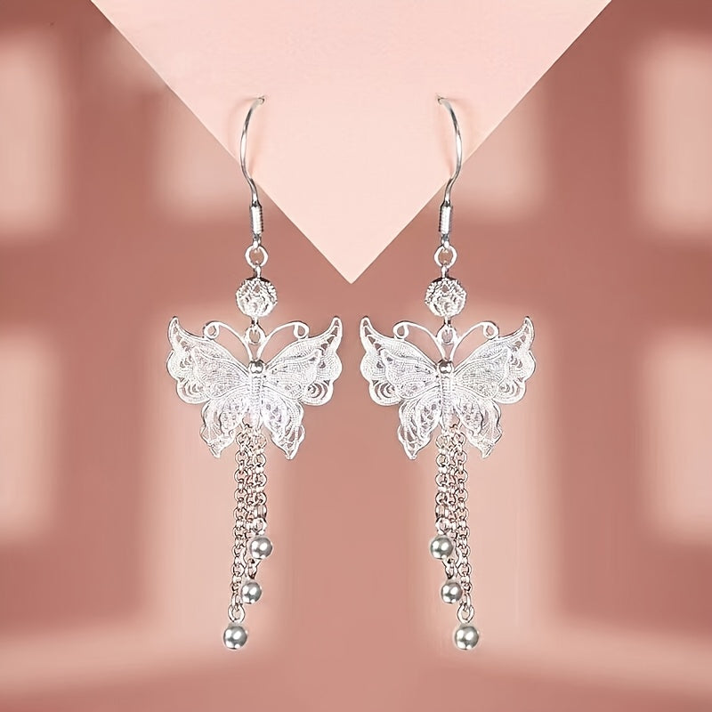 S925 Sterling Silver Butterfly Earrings with Long Tassels – Elegant Vintage Drop Earrings for Women, Nature-Inspired Graceful Movement, Perfect Gift for Weddings, Everyday Wear & Friends
