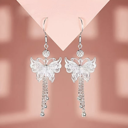 S925 Sterling Silver Butterfly Earrings with Long Tassels – Elegant Vintage Drop Earrings for Women, Nature-Inspired Graceful Movement, Perfect Gift for Weddings, Everyday Wear & Friends
